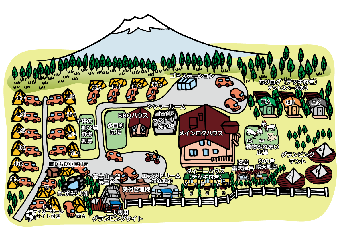 富士山の見えるキャンプ場、アーバンキャンピング朝霧宝山の見取り図